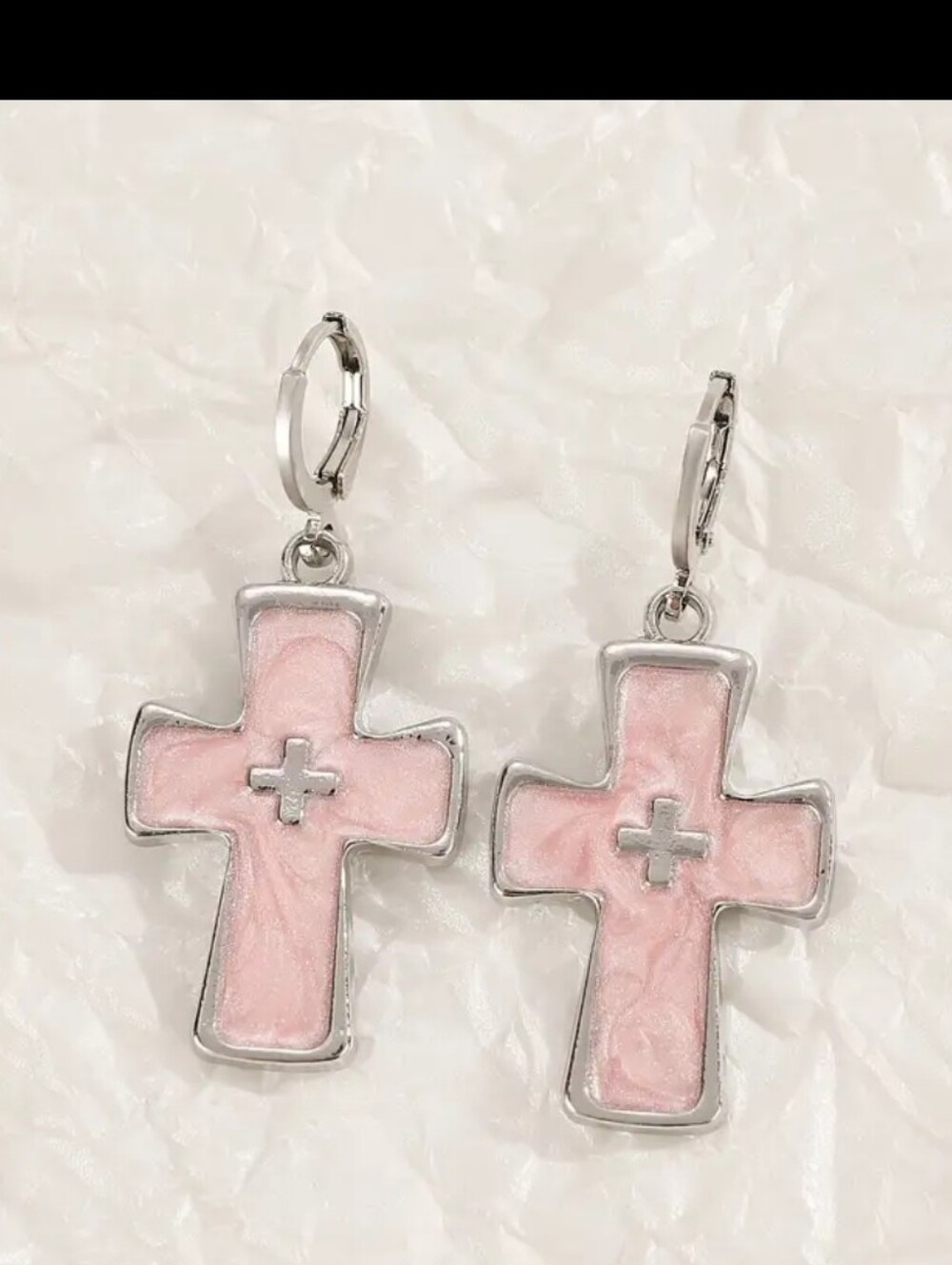 Pink Enamel Cross Drop Earrings — Silver-Tone